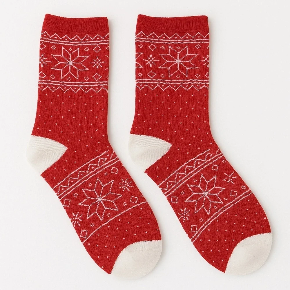 Red Holiday Socks With White Snowflake Design